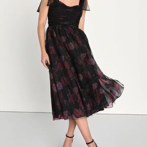 Elegant Black and Red Floral Dress